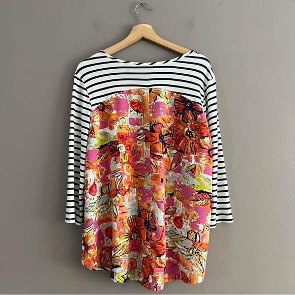 Soft Surroundings Striped Floral Blouse Classic Nautical Coastal Large *Hole - Picture 2 of 14